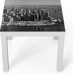 DEQORI klaasist laud | Valge v&auml;ike 55 x 55 cm | New Yorgi varjumotiiv | Ebatavaline klaasist k&uuml;ljelaud | K&otilde;rgl&auml;ikega kohvilaud elutuppa | Moodne disainiga diivanilaud