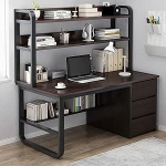 Industrieller Schreibtisch mit B&uuml;cherregal, 99 cm, schwarzer Walnussholz, Computertisch, 3 Schubladen, Arbeitsplatz f&uuml;r Zuhause und B&uuml;ro, stilvoller Arbeitsschreibtisch f&uuml;r Produktivit&auml;t