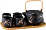 KKGUD Japanese Style Ceramic Tea Set Elegant Teapot and 4 Tea Cups with Wooden Tray for Afternoon Tea Home Decor Restaurant Tea Party Marble Pattern (Black)