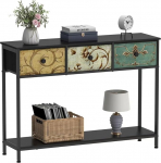 VEDECASA konsoollaud 3 riidest sahtlitega k&uuml;ljelaud avatud hoiukambrite sissep&auml;&auml;sulaud diivanilaud esikusse elutuppa magamistuppa puidust metallraam lihtne kokkupanek (must)