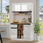 105 x 45 x 185 cm, valge kaasaegne k&ouml;&ouml;gikapp, buffet, k&uuml;ljepaneel, k&otilde;rgl&auml;ikega uksed, metallist k&auml;epidemed, reguleeritavad riiulid, sahtlid, avatud panipaik, kallutuskaitsega.