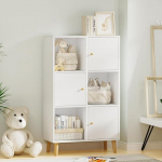 Raamaturiiul, raamaturiiul, seisev riiul, kuubikujuline riiul 6 sektsiooniga ja 3 uksega, kaasaegse stiilis hoiuriiul, raamaturiiul, valge, 64,5 x 30 x 109,5 cm, stiilne ja praktiline