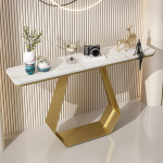 Moderner Konsolentisch in Gold mit Ablagef&auml;chern, Tisch f&uuml;r Eingangsbereich und Flur, dekorative 80 cm gro&szlig;e M&ouml;bel f&uuml;r Wohnzimmer und B&uuml;ro - stilvolles und funktionales Design