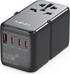 MINIX Universal Travel Adapter, 140W GaN III rahvusvaheline toiteadapter, 3 USB-C 2 USB-A pesa, AC pistikupesa, &uuml;lemaailmne reisilaadija s&uuml;learvutitele, tahvelarvutitele, telefonidele ja muudele seadmetele.