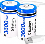 Pack of 2 D Patareid laetav 3600 mAh, 1,5 V laetav D aku USB t&uuml;&uuml;p C laadimiskaabel LR20 asendusaku taskulambi jaoks