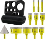 SANLEETEK Diamond Tile Drill Bit Set 11 Pieces Diamond Hole Saw Set 6/8/10/20/25/28/32/35/45/65 mm + 50 mm Chamfer Drill with Triangular Shaft for Porcelain Ceramic Tiles Marble Granite