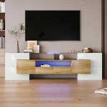K&otilde;rgl&auml;ikega TV-kapp pikkusega 200 cm kuni 85-tollise teleri jaoks, Lowboard lahtiste sektsioonidega ja LED-valgusega, TV-kapp ukse ja sahtlitega, elutoa kabineti TV-plaat, valge + puiduv&auml;rviga
