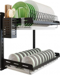 Wandmontierter Geschirrtrockner aus Edelstahl mit Haken, Essst&auml;bchenhalter und Messerhalter, 01en Zubeh&ouml;rregal, Utensilien-Organizer-Rack - Schwarz - 2-stufig