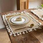 Tischset Rechteckig Abwaschbar, 2er-Set Rechteck im Bauernhausstil mit Quaste Platzset Modern, Tischset f&uuml;r K&uuml;chen Zuhause Esszimmertisch Restaurant, 45x30cm (Braun Beige, Stil 6)