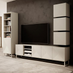 Wohnwand Wohnm&ouml;bel Set Kaschmir mit gerillter Front 5-teilig, Regalschrank, Lowboard, 3 H&auml;ngeschr&auml;nke grifflos, Push-to-Open, Metallgestell kaschmirfarben