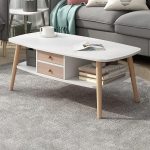 Rustikaler ovaler Couchtisch mit Stauraum, 2 Schubladen und offenem Regal, Holzmaserung, Massivholzbeine, stilvolle Wohnzimmerm&ouml;bel, ideal f&uuml;r moderne und traditionelle Dekoration