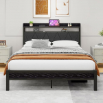 VERFARM polsterdatud metallist voodi, 140 x 200 cm, kaasaegne voodiraam lamelliraamiga, puidust voodiraam 2-tasandilise peaplaadiga ja panipaigaga, kaheinimesevoodi 140 x 200 cm magamistuppa, k&uuml;lalistetuppa.