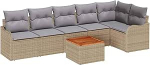 7-teiliges Garten Sofa Set mit Kissen Beige Poly Rattan Akazie, 2-Sitzer Garten Sofa mit Stauraum & Kissen Beige Poly Rattan Gartenlounge Model3356131