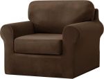 Armchair Covers, 1 Seater 3 Pieces Set, Super Soft Stretch Velvet Chair Slipcovers for Armchair Sofa Chair Cover with Separate 1 Back Cover and 1 Seat Cushion Cover for Living Room (Dark Coffee)
