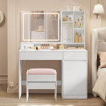 VASAGLE garderoobilaud koos garderoobitooliga, 90 cm lai garderoobilaud koos peegli, valgustuse ja vooluv&otilde;rguga, polsterdatud tooliga, pilvivalge ja mattvalge/pastellroosa RDT732W01