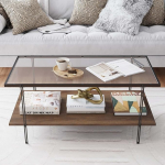 Nathan James Asher keskaegne ristk&uuml;likukujuline kohvilaud, klaasist ja puidust viimistlusega, hoiuraam matt metallist jalgadega, soe p&auml;hkelpuu/must, soe p&auml;hkelpuu/must