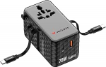 Verbatim GaN reisiadapter 70 W must, pistikupesa adapter 2 integreeritud kaabliga ja USB-C, USB-A, 2 x USA/JP port, kiirlaadija s&uuml;learvutile, MacBookile, iPhone 15,16,17, &uuml;lemaailmne kasutamine