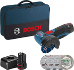 Bosch Professional akutraktoriga nurklihvmasin GWS 12V-76 (12-voldine s&uuml;steem, 5-osaline eraldus- ja lihvimisketta komplekt, kotis), sinine, 2 x 2,0 Ah akuga