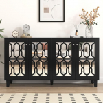 BTM Black Mirrored Sideboard with Cool Crystal Handles, Four Doors, with Movable Laminate, for Living and Dining Room, 160 x 40 x 84 cm