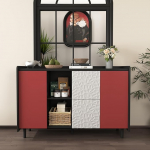Sideboard Buffet kabinet, must hoiukapp punaste ustega, 2 sahtlit unikaalse paneeli stiiliga ja 2 avatud hoiukambriga, kaasaegne kohvibaarikapp, akenderkapp k&ouml;&ouml;gi jaoks