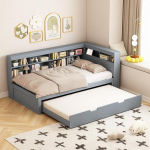 MURUL diivanvoodi 90 x 200 cm, pikendatav voodi 90 x 190 cm USB pistikupesa ja mitme hoiukambriga, &uuml;heinimesevoodi, t&auml;ispuidust voodi, puidust multifunktsionaalne voodi (Hall, 90 x 200 cm)