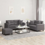 3-TLG. Sofagarnitur mit Kissen Grau Kunstleder als Bequeme Sitzgarnitur f&uuml;r Ihr Wohnzimmer - graue Kunstledersofa 3-TLG. mit Polsterung.