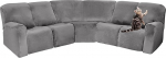 7-osaline sametist diivanikatte komplekt, Stretch, L-kujuline, libisemiskindel lamamiskaitse (helehall)