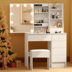 Riietuslaud LED-valgustusega + tooli komplekt, timmitav 3 valgusv&auml;rvi, valge kosmeetikalaud 6 sahtli ja 6 hoiukambriga (80 x 36 x 130 cm), meigilaud magamistuppa.