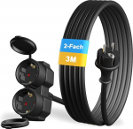 Pikenduskaabel 3 m koos 2 Schuko pistikupesaga Outdoor Double Extension v&auml;litingimustes kasutamiseks IP44, 2 kaitsvat kontaktpesa, kummist toitejuhe Outdoor 3500 W, 2-Way Splitter koos kaitsekorgiga
