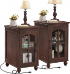 Schmaler Beistelltisch, 2er-Set, Bauernhaus-Nachttisch mit Ladestation, Beistelltisch mit Glas-Scheunent&uuml;r, Schrank-Organizer mit verstellbarem Regal, Nachttisch f&uuml;r kleine R&auml;ume, Wohnzimmer