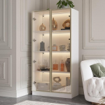 Klaasist vitriinkapp klaasuste ja valgustusega, seisev klaasist vitriinkapp 4-tasandiliste riiulitega, pop-up disain, vitriinkapp valge, karastatud klaas (&uuml;ksik 40 D x 160 W x 80 H cm)
