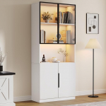 Modernne minimalistlik vitriinkapp 80 x 30 x 200 cm, klaasuksed, LED-valgusega, raamatukapp kollektsioonidele, reguleeritav v&auml;rvitemperatuur ja heledus, valge