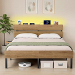 VASAGLE Kahekohaline voodiraam 140 x 200 cm Metallraam LED-valgustus USB A ja USB-C port Voodi all hoidmine t&ouml;&ouml;stuslikus stiilis Lihtne montaaž Looduslik pruun RMB104HC01