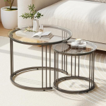 Garden 4 you Nesting Coffee Table, 23.6 Inch Round Coffee Table, Set of 2, Glass Nesting Table with Metal Frame, Ceter Tables for Living Room, Bedroom, Balcony, Black