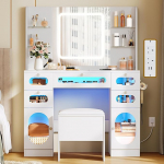 YITAHOME garderoobilaud koos valgustusega, garderoobilaud koos peegli ja pistikupesadega, 3 v&auml;rvi reguleeritava heledusega, RGB garderoobilaud koos sahtlitega, valge meigilaud, garderoobilaud