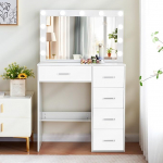 Buildonely SD5010 Riietuslaud suure peegli ja LED-valgustusega, 3 v&auml;rvitemperatuuri ja reguleeritav heledus, kosmeetikalaud 5 sahtliga, kaasaegne, valge, 36 x 80 x 130 cm