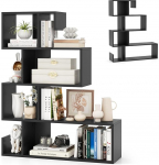 HOMASIS 5-tasandiline raamaturiiul, S-kujuline seisev riiul avatud riiulitega, hoiuriiul, puit, kallutuskaitsega trepiriiul, ruumijaotur elutuppa, t&ouml;&ouml;ruumi, 80 x 22 x 100 cm (must)