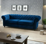 Easy4You Chesterfield sinine pluusne sametist 3-kohaline diivan 225 x 74 x 88 cm Diivanid elutuppa Diivanid komplektid puidust jalgadega Diivanid ja diivanid komplektid