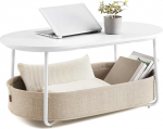 VASAGLE Ovaalne kohvilaud koos hoiuruumiga K&otilde;rvallaud elutoa laud koos riidest korviga Modernne metallraam matt valge Camel LCT222W10