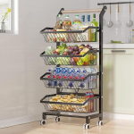 COVAODQ Vegetable Rack for Kitchen, Stackable Fruit Basket, Vegetables, Storage Trolley, Kitchen Trolley with Lockable Wheels and Wooden Handle, for Bathroom, Kitchen, Office (Black)