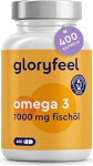 GloryFeel Omega 3 kala&otilde;li kapslid 1000 mg - V&otilde;rdluse v&otilde;itja 2019 - 400 tk k&otilde;rge annusega - 180 mg eikosapentaeenhappega (EPA) ja 120 mg dokosaheksaeenhappega (DHA) Omega 3 pehme geelkapsli kohta - ilma magneesiumstearaatita.