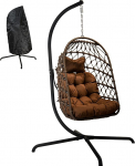 LKINBO Polyrattan Hanging Chair with Frame Outdoor Indoor Basket Hanging Chair Rattan Hanging Chair Weatherproof Hanging Swing Garden Swing up to 195 kg Brown