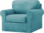 Topchances Armchair Covers 1 Seater 3-Piece Set - Super Soft Stretch Velvet Armchair Sofa Slipcovers Chair Cover with Separate 1 Backrest Cover and 1 Seat Cushion Cover for Living Room (Blue Green)