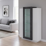 Dmora kaasaegne vitriinkapp klaasuksega, valmistatud Itaalias, valge LED-valgusega, riiulitega k&uuml;ljepaneel, elutoa vitriinkapp, 80 x 38 x 121 cm, l&auml;ikiv valge ja tuhahall