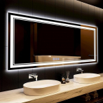 LED valgustusega vannitoa peegel, topeltraam, 150 x 90 cm, 3 valgusv&auml;rvi, dimmerdatav, soe valge/k&uuml;lma valge/neutraalne, puutetundlik l&uuml;liti, HD karastatud klaas, energiaklass E