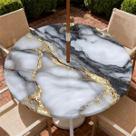 Runde Tischdecke Outdoor wetterfest mit Schirmloch & Rei&szlig;verschluss, Grauer Marmor Gartentischdecke Abwaschbar abwischbar - Tischdecke Elastischem Rand f&uuml;r Terrasse, Balkon & Garten &Oslash; 90cm