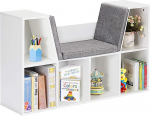 COSTWAY Children's Bookcase with Cushion, 6 Compartments, Wooden Children's Shelf with Back Wall, Storage Shelf, Cube Shelf, Bookcase for Children's Room, Bedroom, 103 x 30 x 63 cm (White)