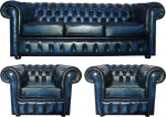 Ehtne nahast 3-kohaline diivanikomplekt koos klubitoolidega, antiiksinine v&auml;rvus