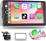 Podofo 2 DIN Bluetooth autoraadio iOS Carplay Android auto, 7-tolline stereoraadio, Double DIN autoraadio FM AUX audio sisendiga, v&auml;rviline valgustus, tagurduskaamera, USB 2.0