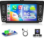 8 Core 6G + 128G autoraadio Android 15 Skoda Octavia 2 MK2 Rapid Yeti Roomster Superb, 8-tolline HD IPS puuteekraan koos traadita Carplay Android auto GPS Wi-Fi Bluetooth USB/Type-C FM RDSiga